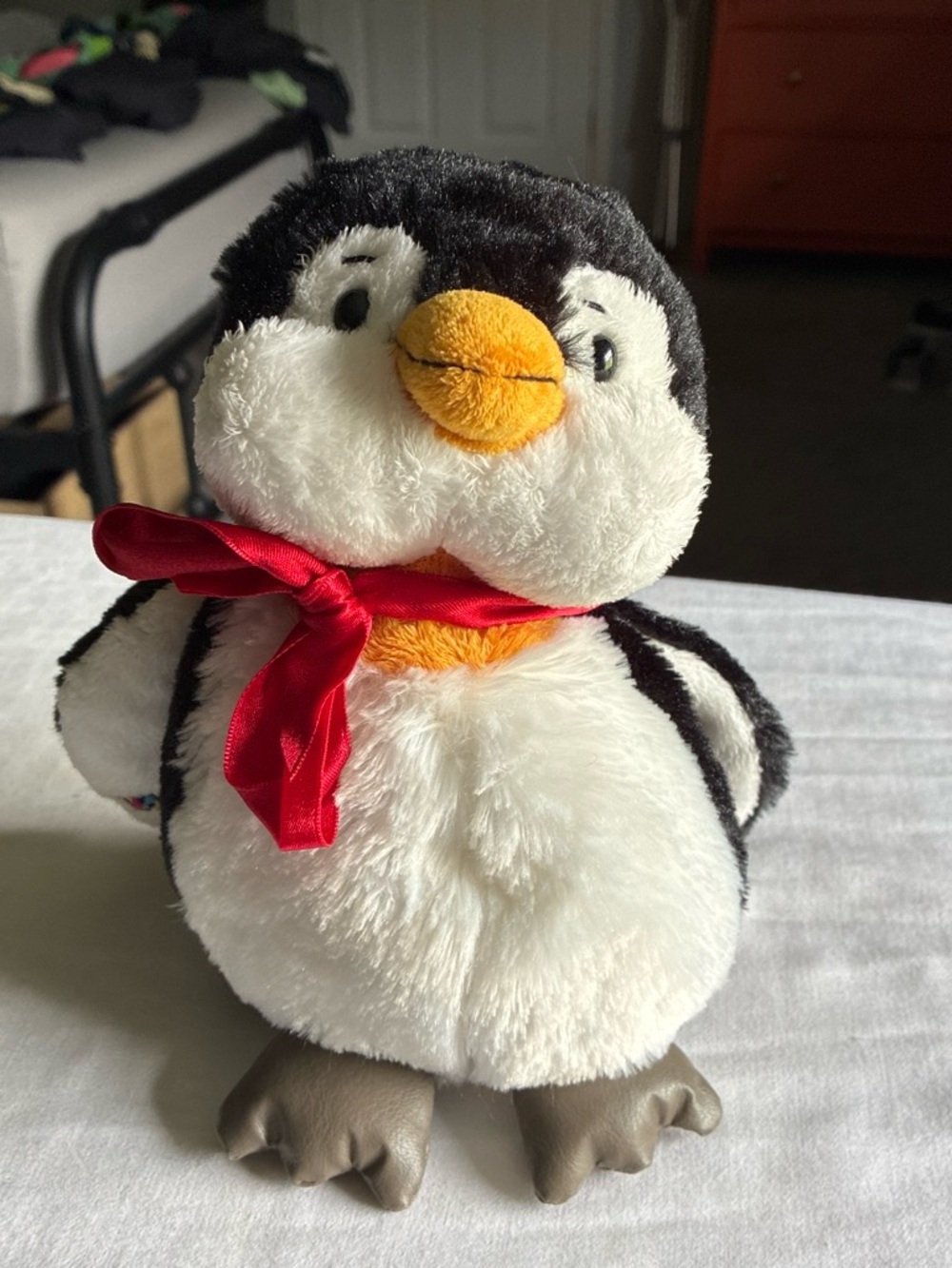 Plush Penguin Toy with Red Scarf - Soft Black, White & Yellow Cuddly Buddy